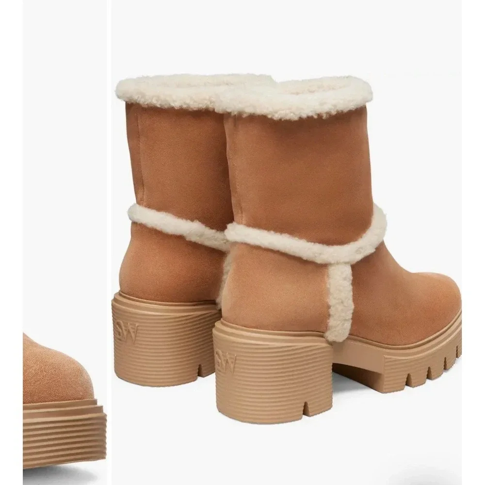 Stuart Weitzman Lennox Bootie Shearling‎ Boots Sz 10 Tan Suede Chunky Block Heel - Picture 8 of 8